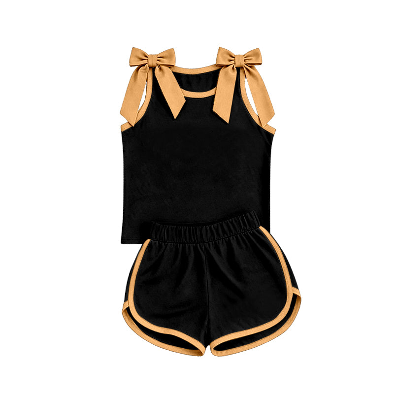 (Custom Design Preorder MOQ 5) Black & Golden Bow Tank Top With Shorts Outfit  Mommy and Me Clothes Set（副本）