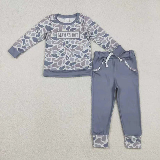 Sibling Baby Boys Embroidery Mama's Boy Light Grey Camo Pockets Pant Clothes Sets Hoodie Romper