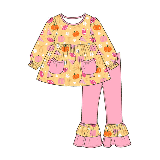(Custom Design Preorder MOQ 5) Pumpkin Bows Football Pockets Tunic Top Pink Ruffle Pants Girls Fall Clothes Set