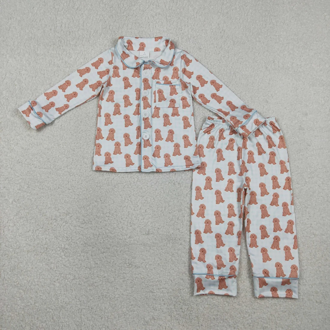 Baby Boys Blue Checked Dogs Button Pocket Top Pants Pajama Set