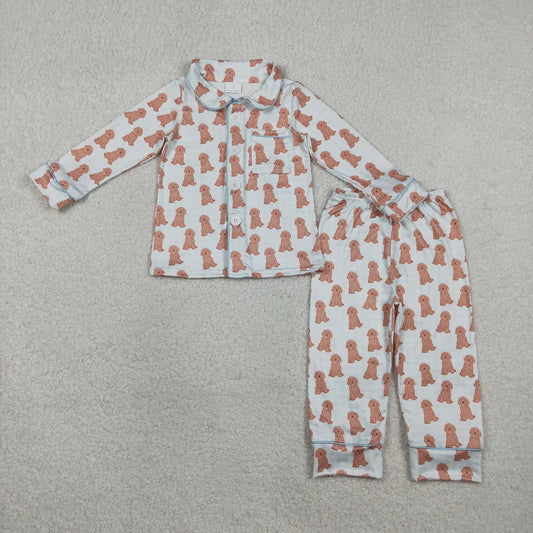 Baby Boys Blue Checked Dogs Button Pocket Top Pants Pajama Set