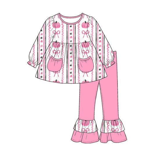 (Custom Design Preorder MOQ 5) Pumpkin Bows Pockets Tunic Top Pink Ruffle Pants Girls Fall Clothes Set