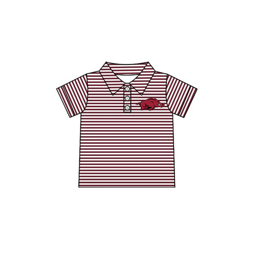 (Custom Design Preorder MOQ 5) Baby Boys Short Sleeve Red Stripe Arkansas Team Button Polo Shirt Top
