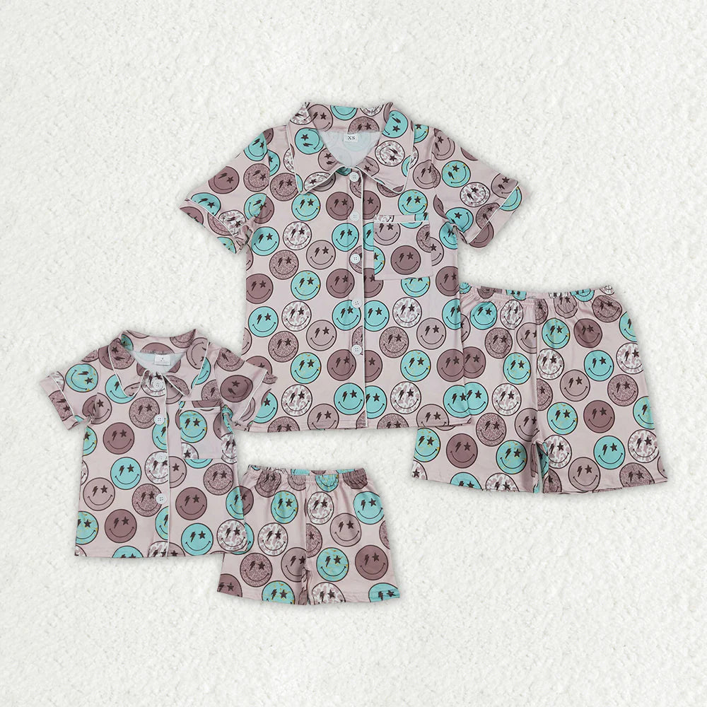 Mommy & Me Smiley Face Print Button-Up Pajama Set