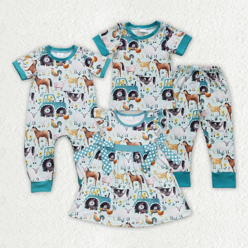 Sibling Baby Boys Farm Animal Short Sleeve Pajama Set Dress and Romper