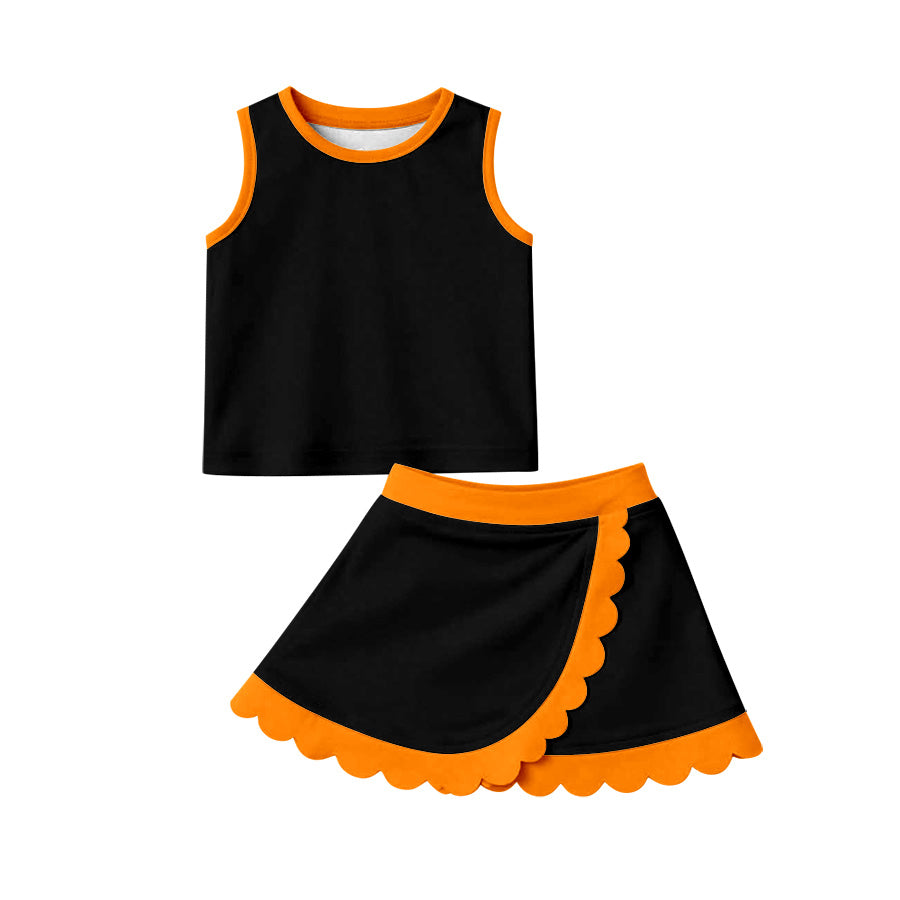 6.23 Preorder Teams Black Tank Top Orange Scallop Skort Girls Summer Yoga Clothes Set