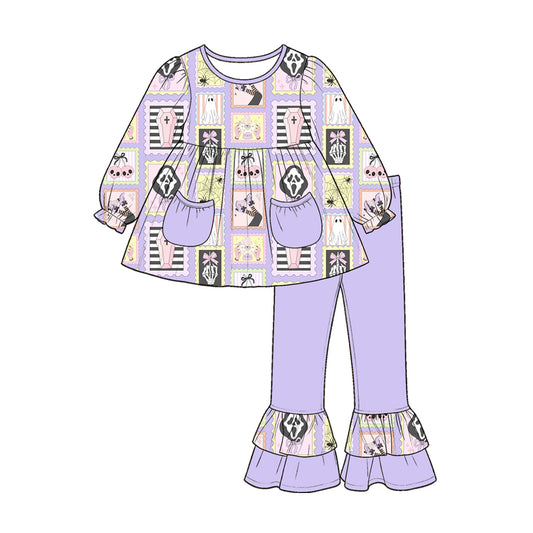 (Custom Design Preorder MOQ 5) Ghost Pockets Tunic Top Purple Ruffle Pants Girls Halloween Clothes Set
