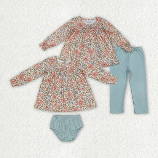 Sibling Baby Girls Colorful Flowers Collar Tunic Leggings Bummies Short Clothes Sets