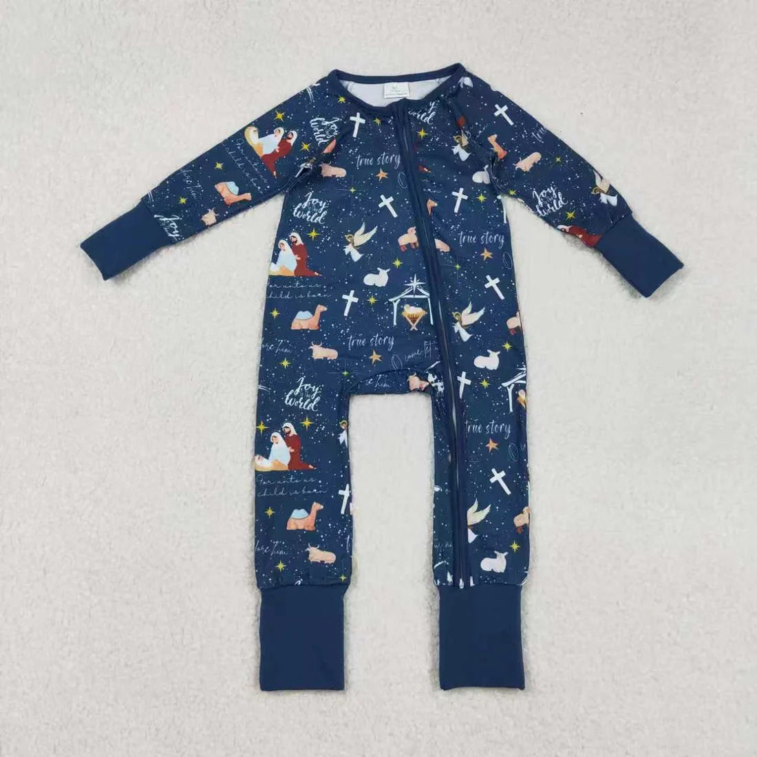 Sibling Baby Boys Navy Nativity Christmas Pajamas Sets Zipper Footie Rompers