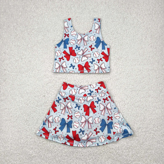Sibling Baby Girls Baseball 4th Of July Yoga Active Wear Vest Skort Sets Knee Length Dresses