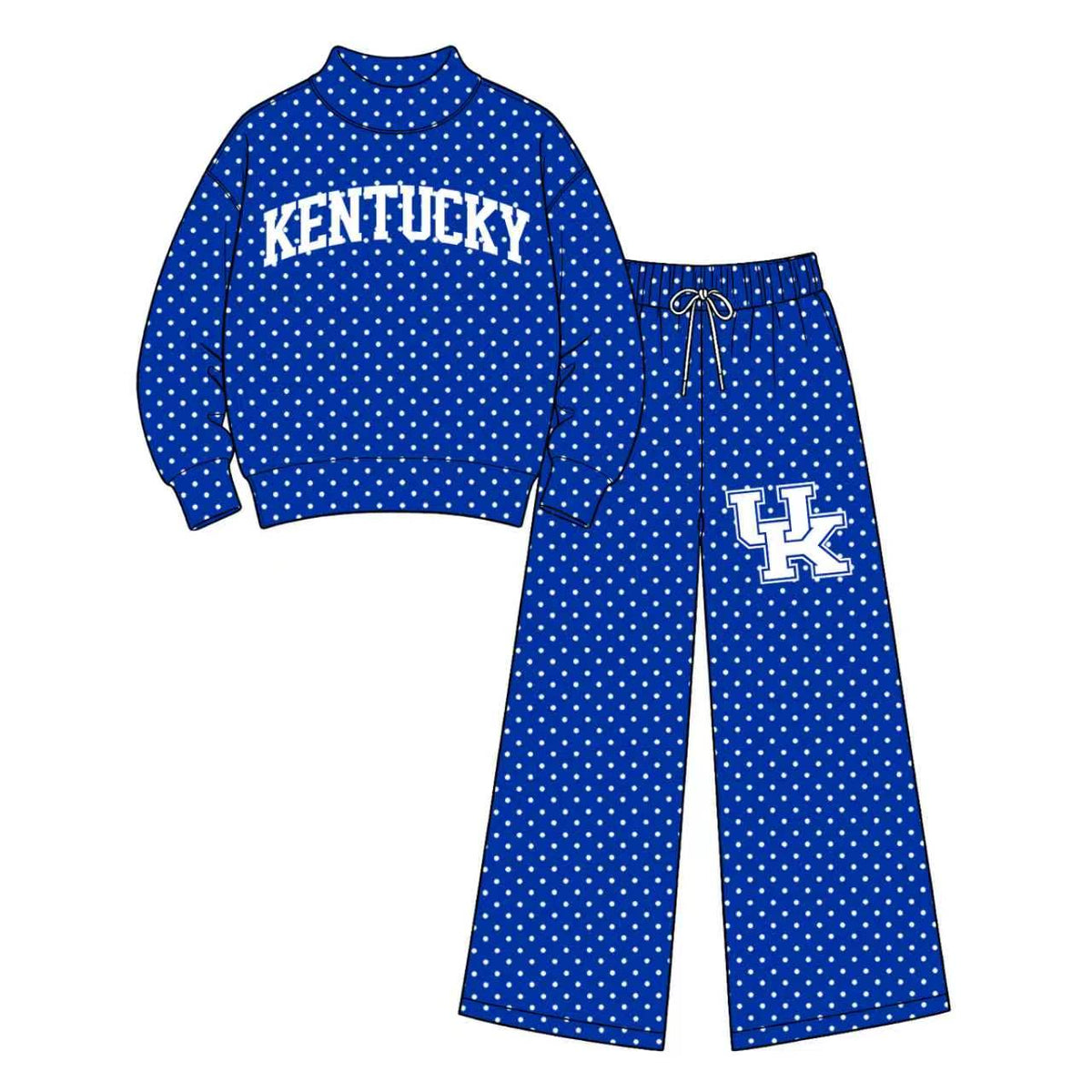 (Custom Design Preorder MOQ 5 Each) Teams KENTUCKY Polka Dots Mock Necks Blue Top UK Logo Pockets Pants Girls & Woman Clothes Set