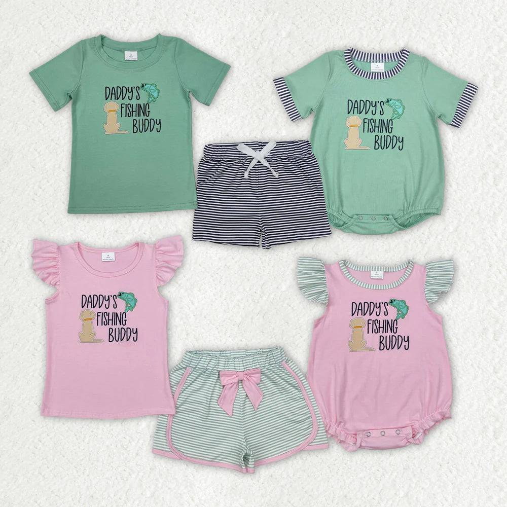 Sibling Boys Baby Girls Daddy's Fishing Buddy Embroidery Tops Shorts Clothes Suits