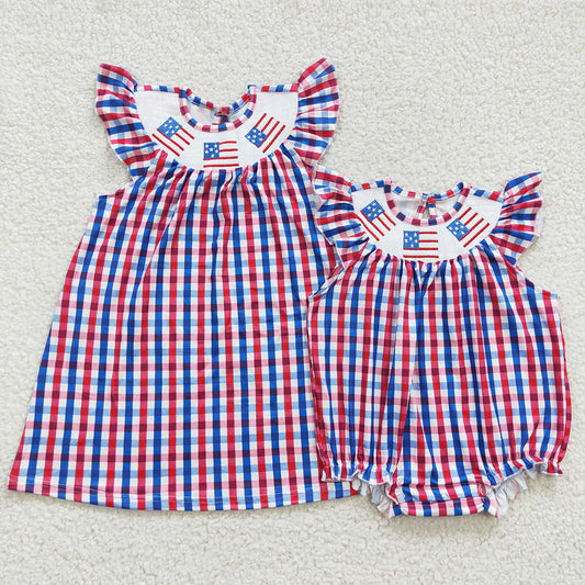 Sibling Baby Girls Smocked Flags Red Blue Checked 4th Of July Dress Rompers