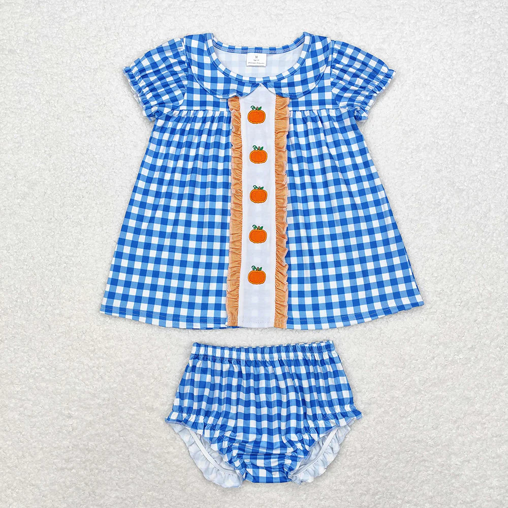 Sibling Girls Boys Blue Pumpkins Dresses Rompers Fall Clothes Sets