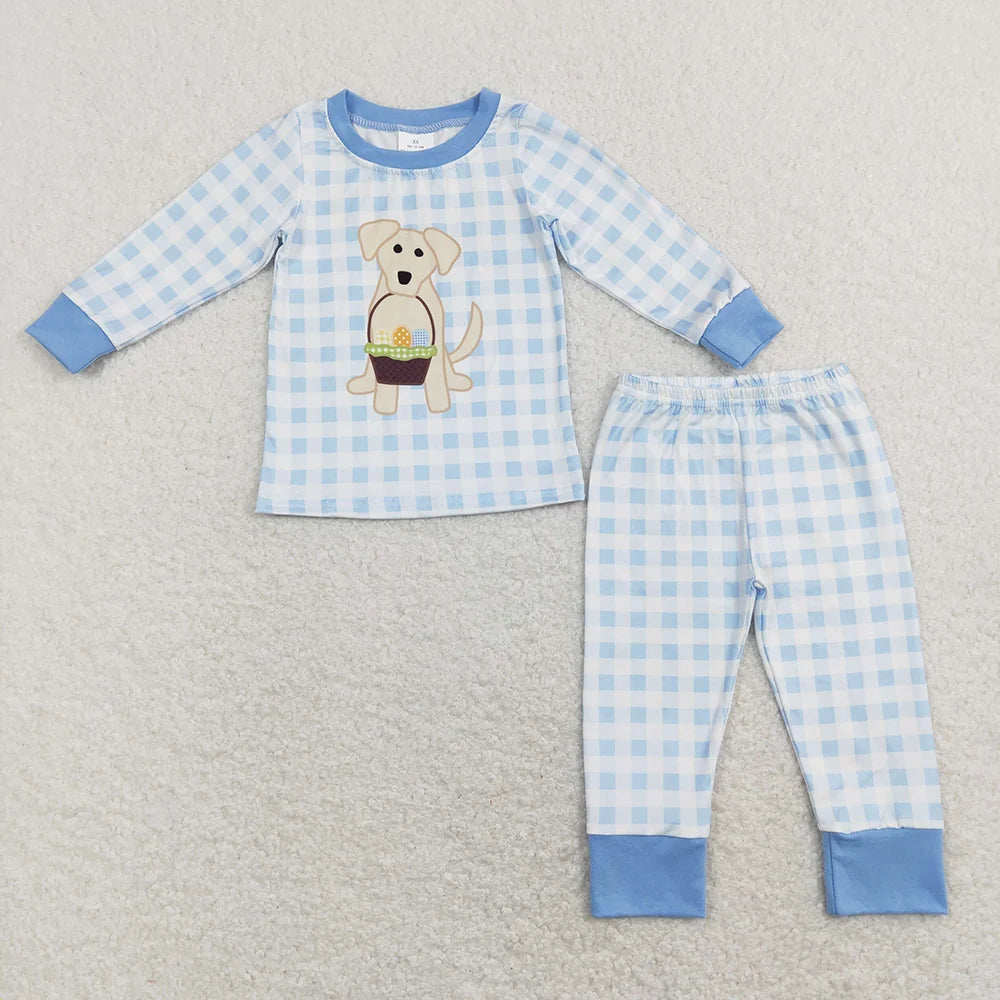 Sibling Baby Girls  Boys Easter Puppy Egg Plaid Long Sleeve Pajama Set