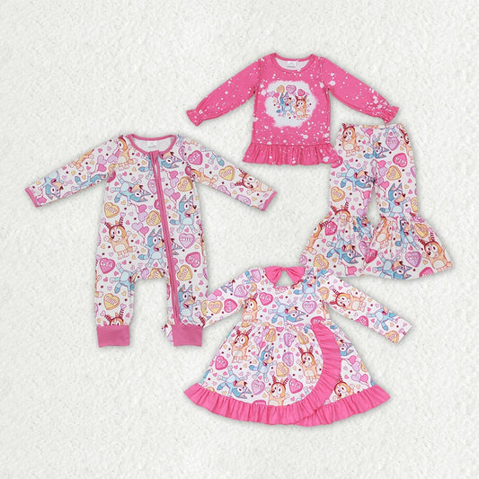 Sibling Baby Girls Valentine Cartoon Dog Heart Outfit Dress and Zipper Romper