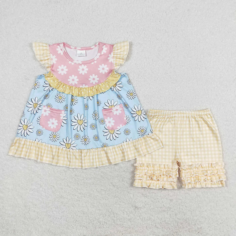 Baby Girls Sunflowers Flutter Sleeve Tunic Ruffle Shorts Outfit