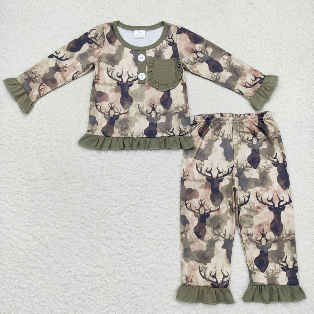 Baby Girls Camo Deer Pocket Top Pants Pajamas Clothes Sets）