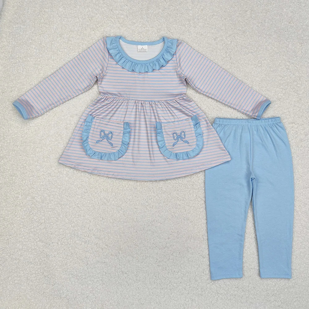 Sibling Baby Girls Pink Blue Striped Bow Outfit Dress Romper