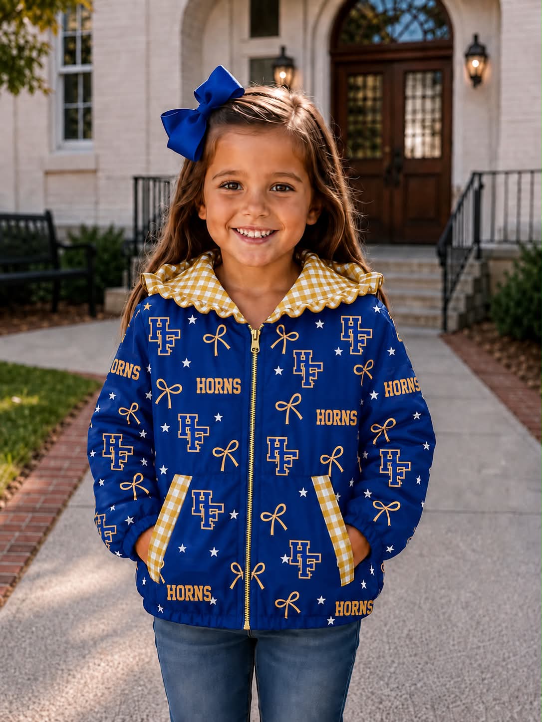 (Custom Design Preorder MOQ 5) Teams Hamshire Fannett  Bows Stars Print Girls Pockets Zipper Ruffle Hoodie Jacket Top