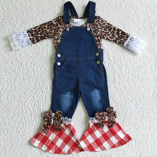 GLP0235 Leopard Ruffle Top Blue Denim Red Checkered Edge Suspender Overall Jumpsuits Girls Christmas Clothes Set