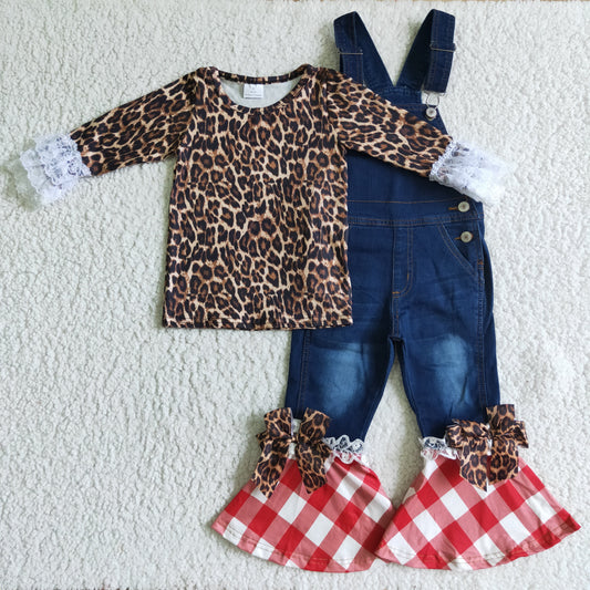 GLP0235 Leopard Ruffle Top Blue Denim Red Checkered Edge Suspender Overall Jumpsuits Girls Christmas Clothes Set