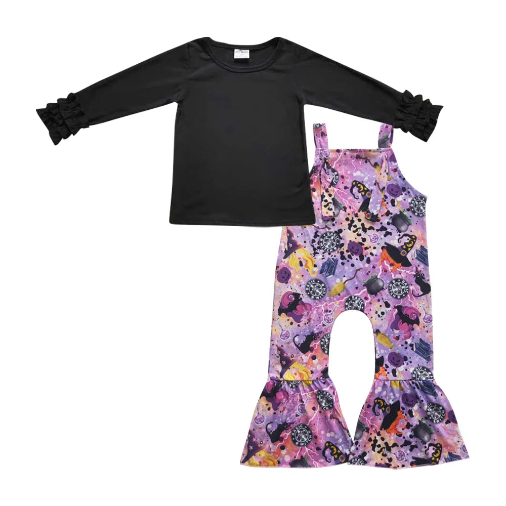 Baby Girls Black Icing Sleeve Top with Overall Outfit For Halloween