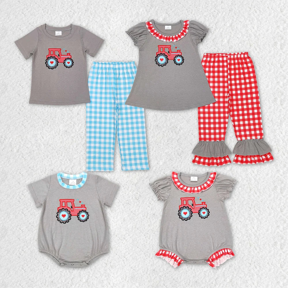 Sibling Baby Girls Boys Valentine Tractor Heart  Short Sleeve Top Pants Outfit Romper