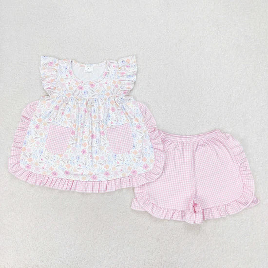 Baby Girls Pink Flowers Pockets Tunic Top Ruffle Shorts Set