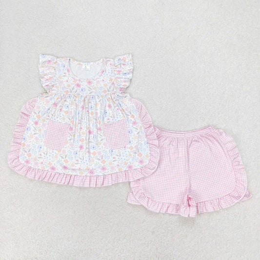 Baby Girls Pink Flowers Pockets Tunic Top Ruffle Shorts Set