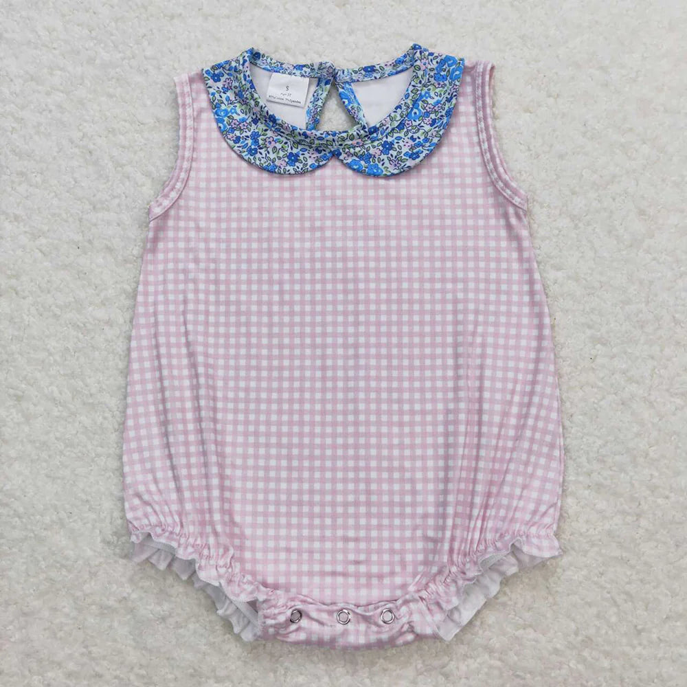 Baby Girls Pink Checkered Collar Sibling Sister Rompers Clothes Sets