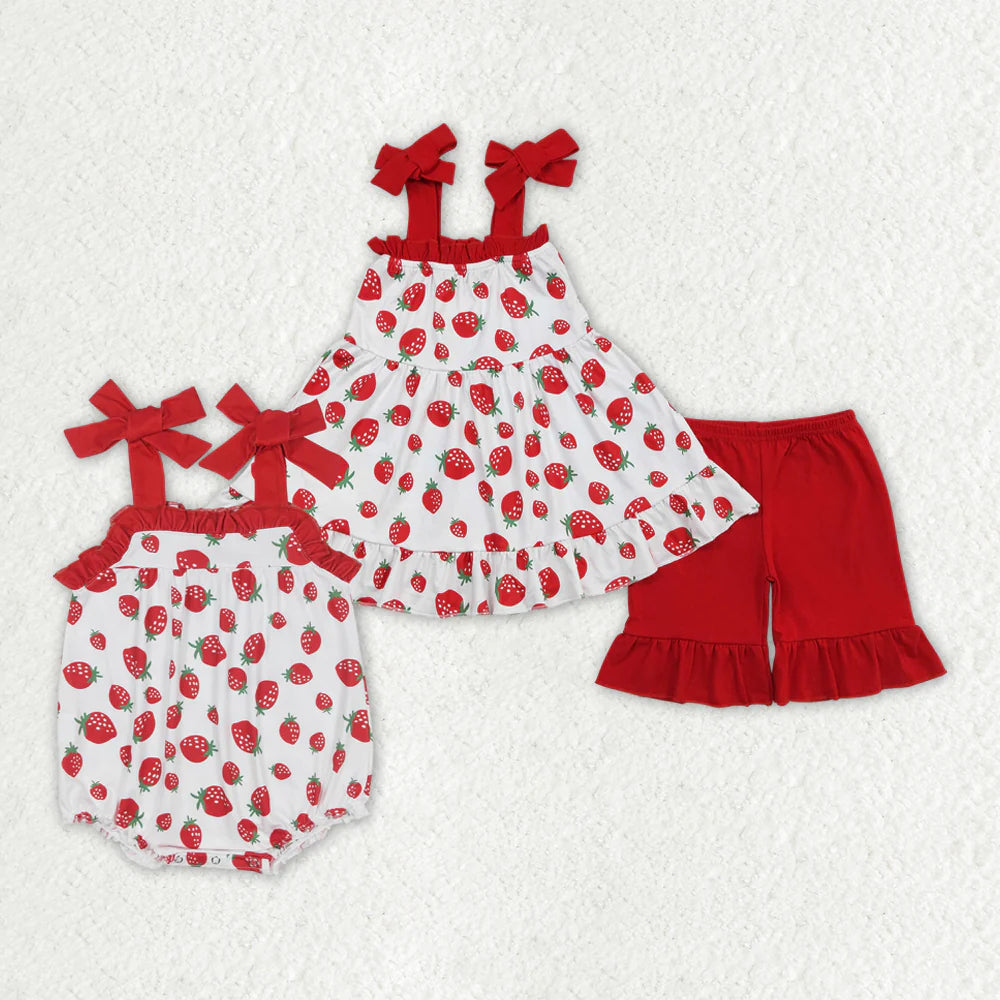 Baby Girls Strawberry Sibling Sister Rompers Outfits Clothes Sets
