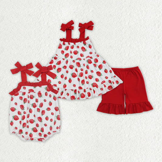Baby Girls Strawberry Sibling Sister Rompers Outfits Clothes Sets