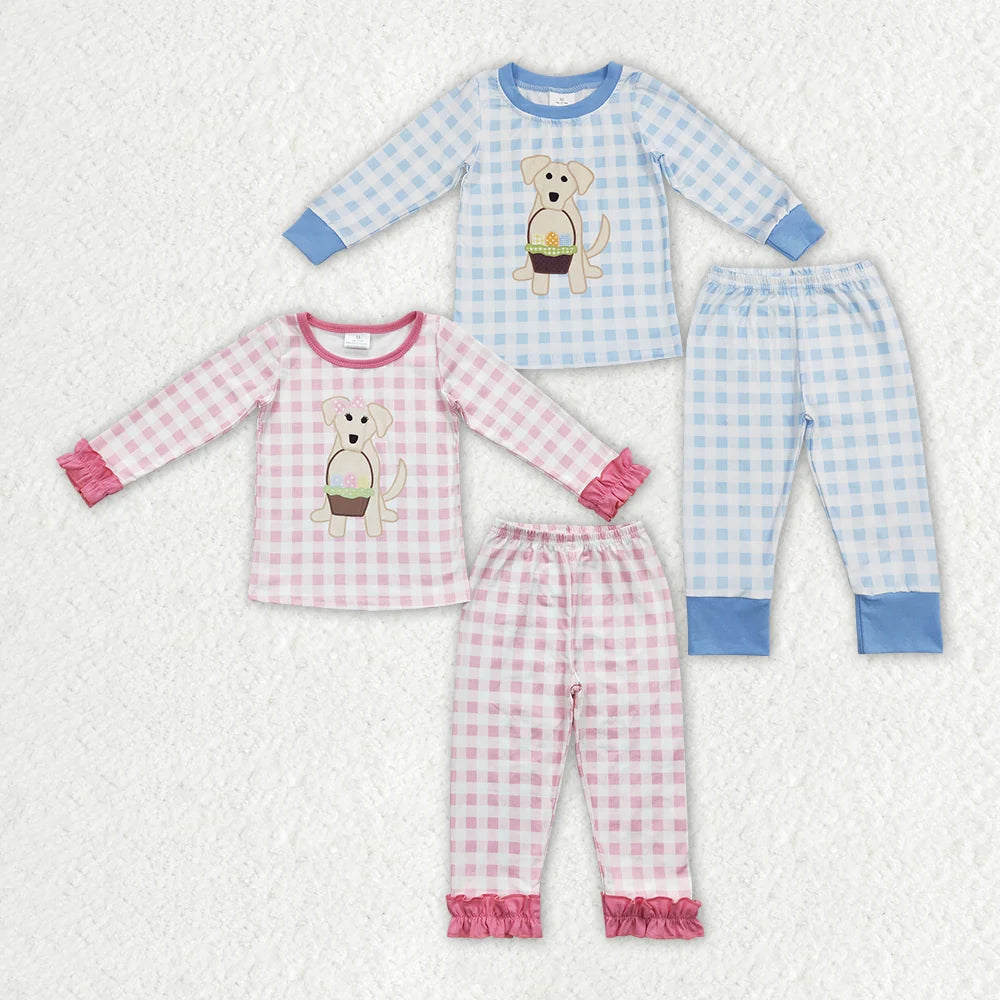 Sibling Baby Girls  Boys Easter Puppy Egg Plaid Long Sleeve Pajama Set