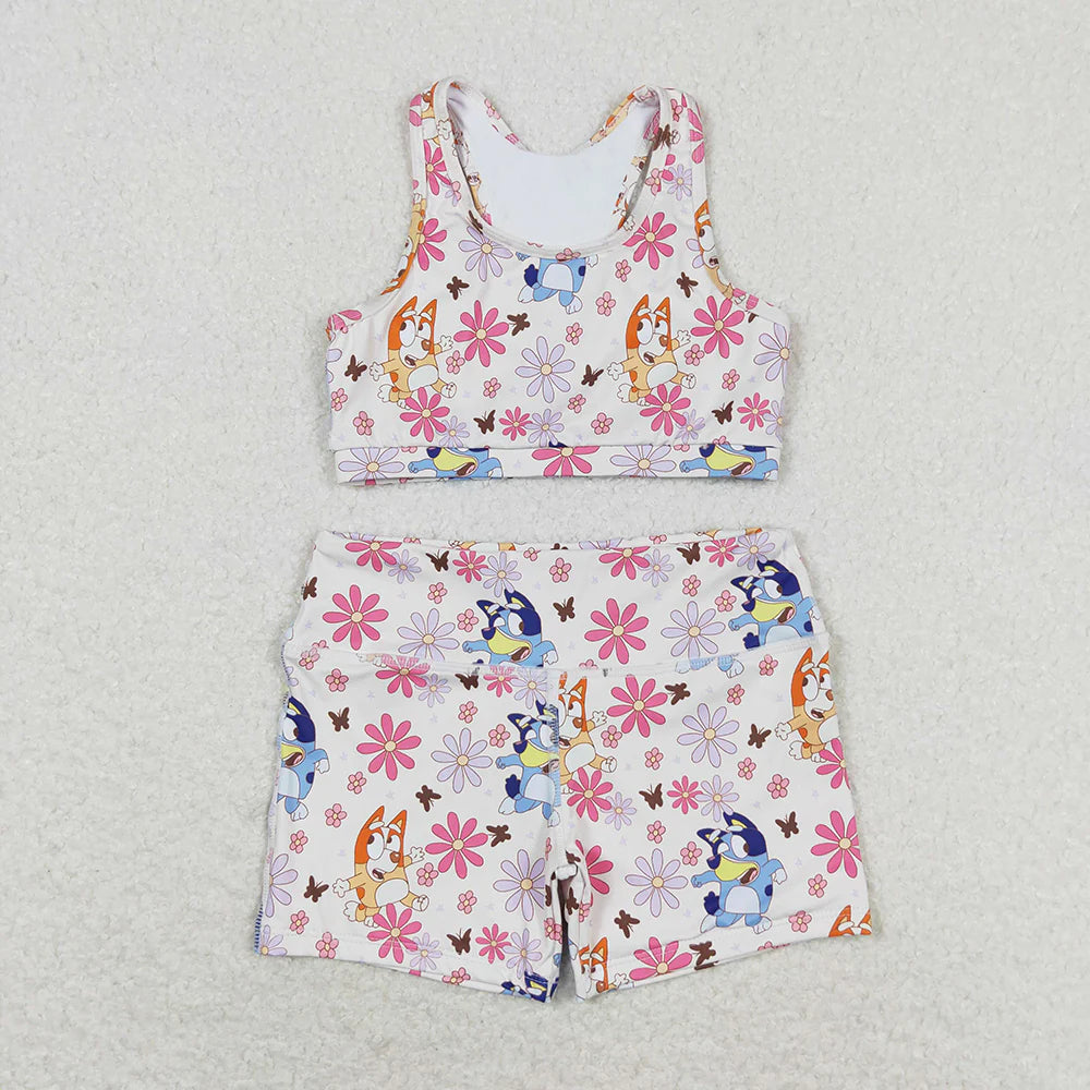 Baby Girls Blue Dog Flowers Crop Tops Shorts Clothes Set