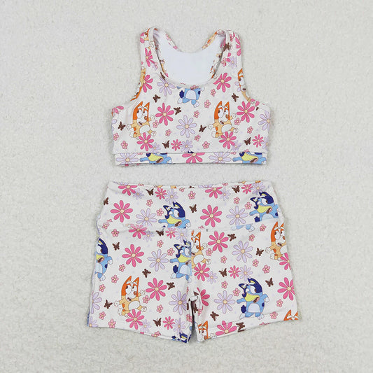 Baby Girls Blue Dog Flowers Crop Tops Shorts Clothes Set