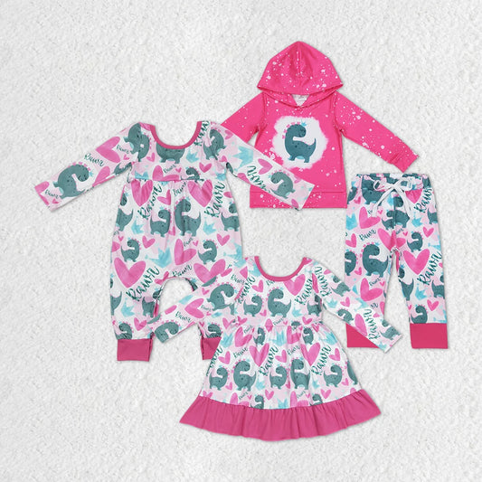Sibling Baby Girls Heart Dinosaur Hoodie Outfit Dress and Romper