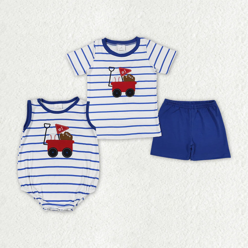 Baby Boys Blue Stripes Baseball Shirts Shorts Rompers Clothes Set
