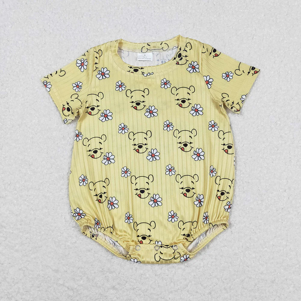 Baby Infant Girls Bear Flowers Short Sleeve Rompers