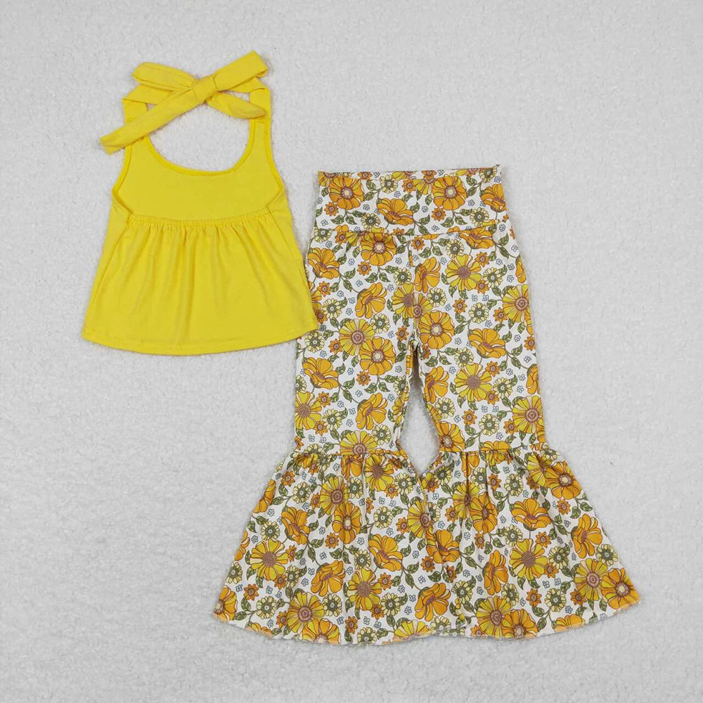 Baby Girls Mustard Halter Top Shirt Flowers Bell Bottom Pants Clothes Sets