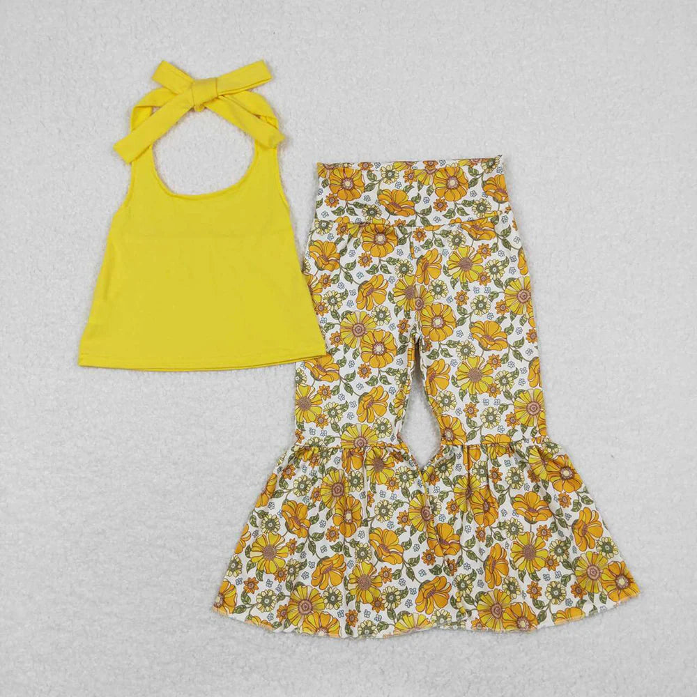 Baby Girls Mustard Halter Top Shirt Flowers Bell Bottom Pants Clothes Sets