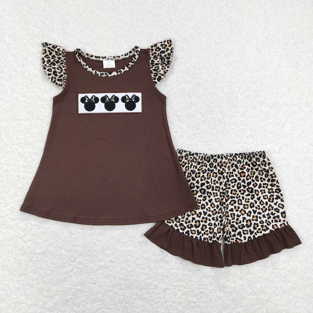 Baby Girls Toddler Brown Cartoon Mouse Embroidery Leopard Tunic Shorts Clothes Sets