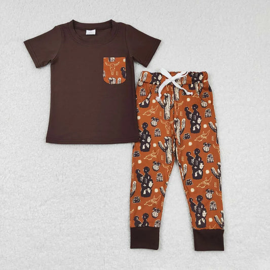 Western Baby Boy Short Sleeve Pocket Top Cactus Pants Outfit