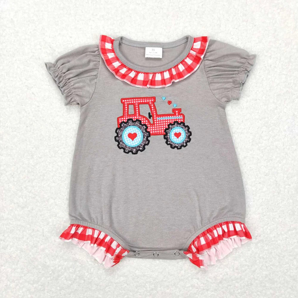 Sibling Baby Girls Boys Valentine Tractor Heart  Short Sleeve Top Pants Outfit Romper