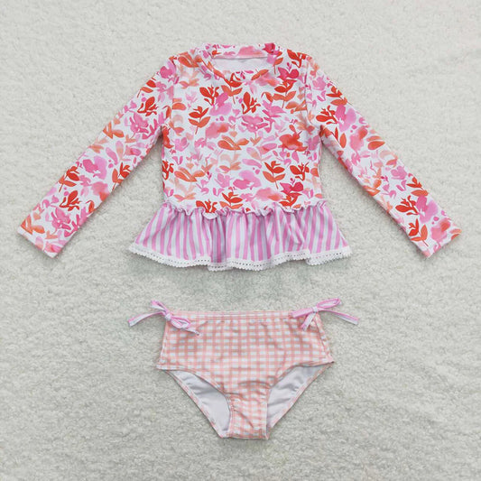 Baby Girls Orarnge Flowers Long Sleeve Top Bummies 2pcs Swimsuits