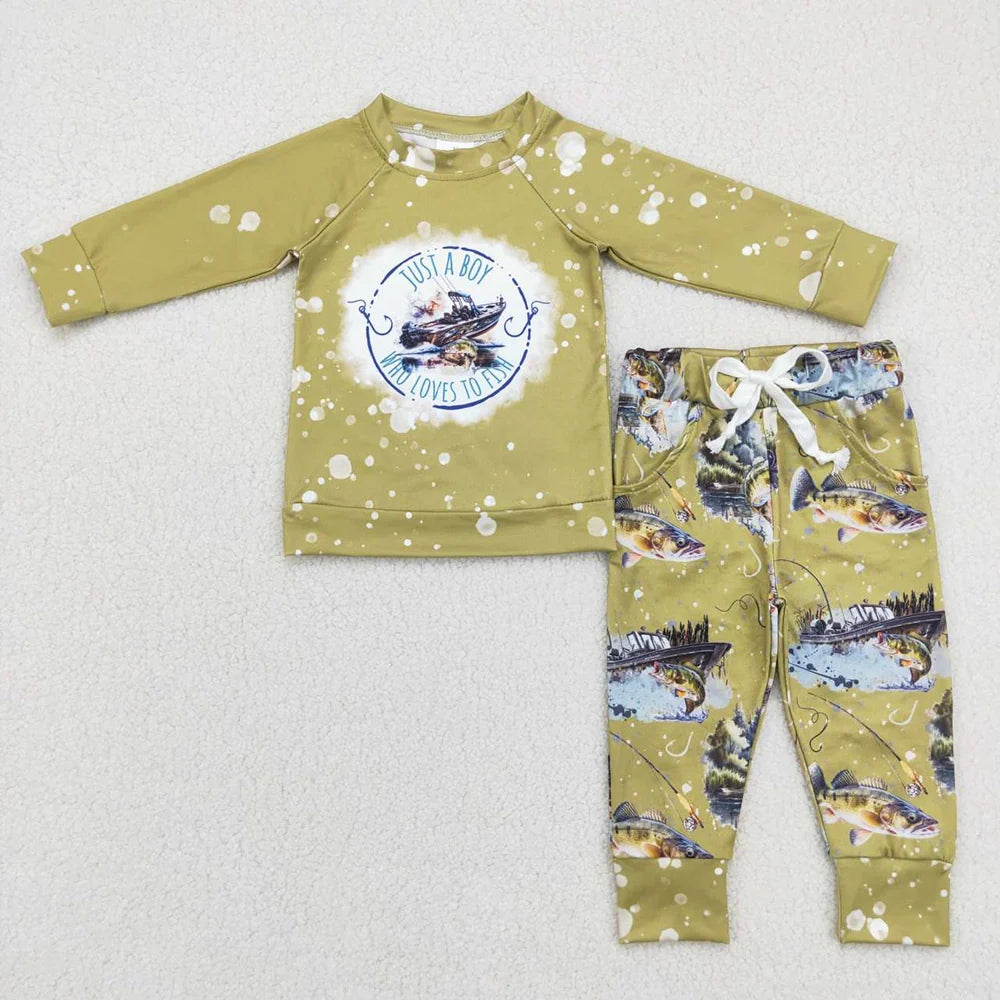 Baby Boys FIshing Green Long Sleeve Pocket Pants Outfit