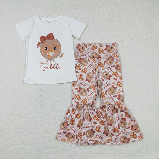 GSPO0905 Gobble Turkey Top Bell Pants Girls Thanksgiving Clothes Set