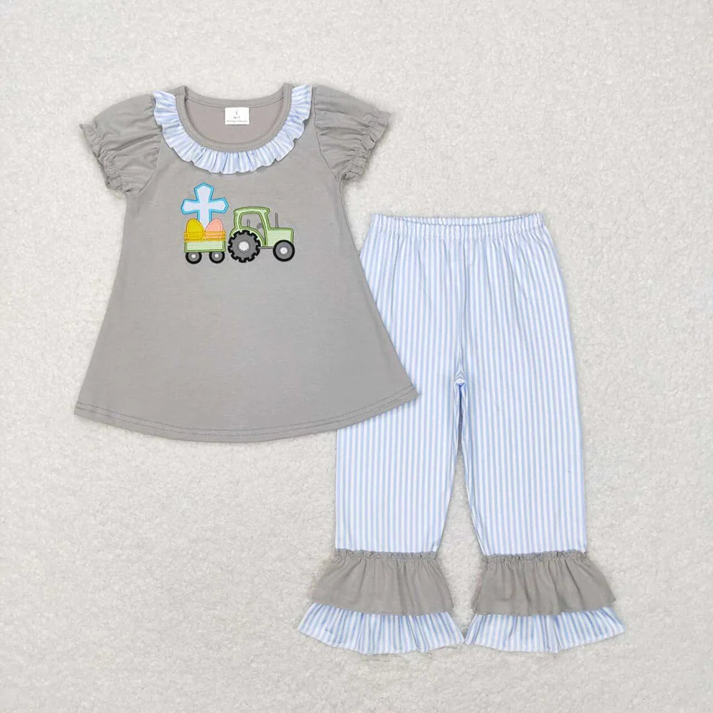 Sibling Baby Girls Boys Easter Egg Tractor Heart  Short Sleeve Top Pants Outfit Romper