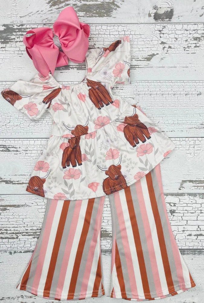 Baby Girls Western Short Sleeve Top Highland Cow Stripes Bell Pants Clothing Sets