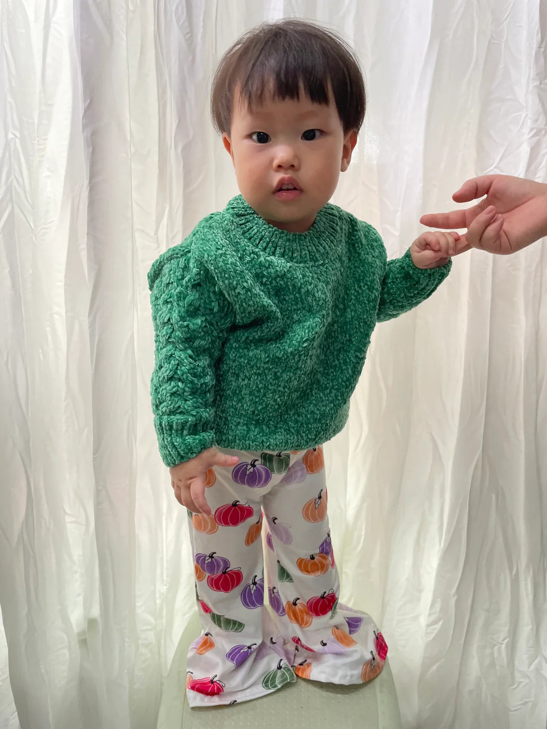 GLP0537 Green Sweater Pumpkin Bell Pants Girls Fall Clothes Sets